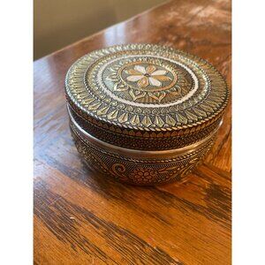 Handcrafted Meenakari Decorative Round Metal Box With Lid - Floral Design Gold &
